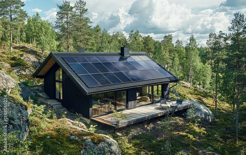 A minimalist Scandinavian house with solar panels, a sloped roof, and surrounded by fresh greenery in spring A minimalist Scandinavian house with solar panels, a sloped roof, and surrounded by fresh greenery in spring