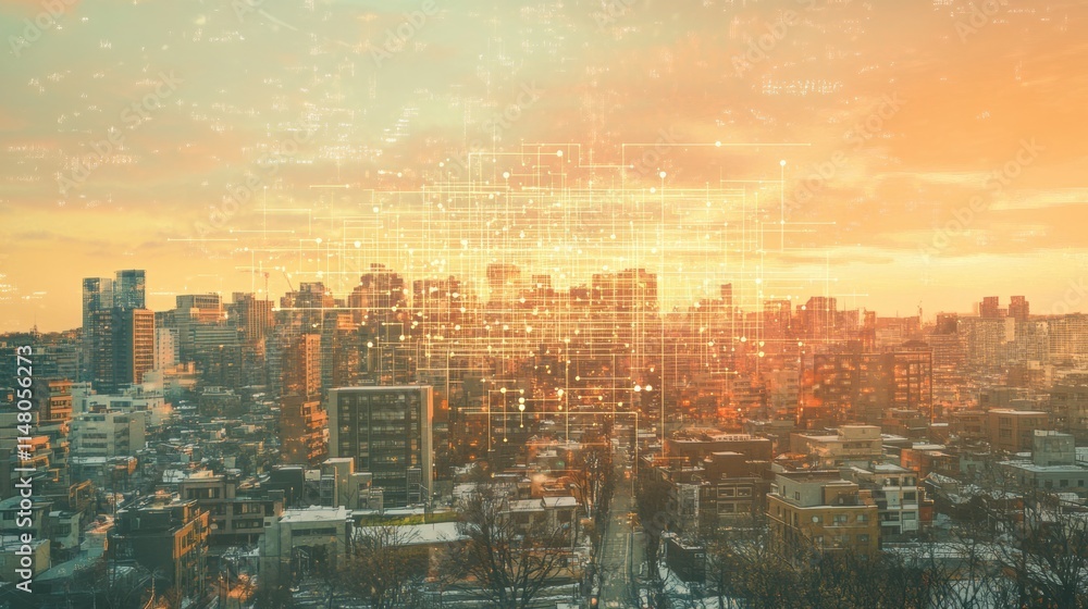 Fototapeta premium Cityscape enhanced with neural network design illustrating integration of artificial intelligence in urban environments. Generative AI