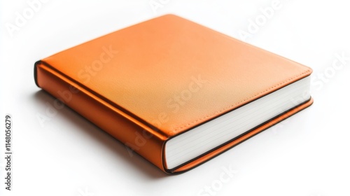 A book with a leather cover and orange pages. The book is open to a page with a black border