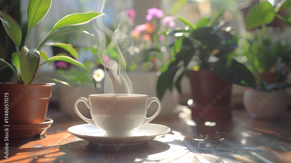 A white cup of tea with steam