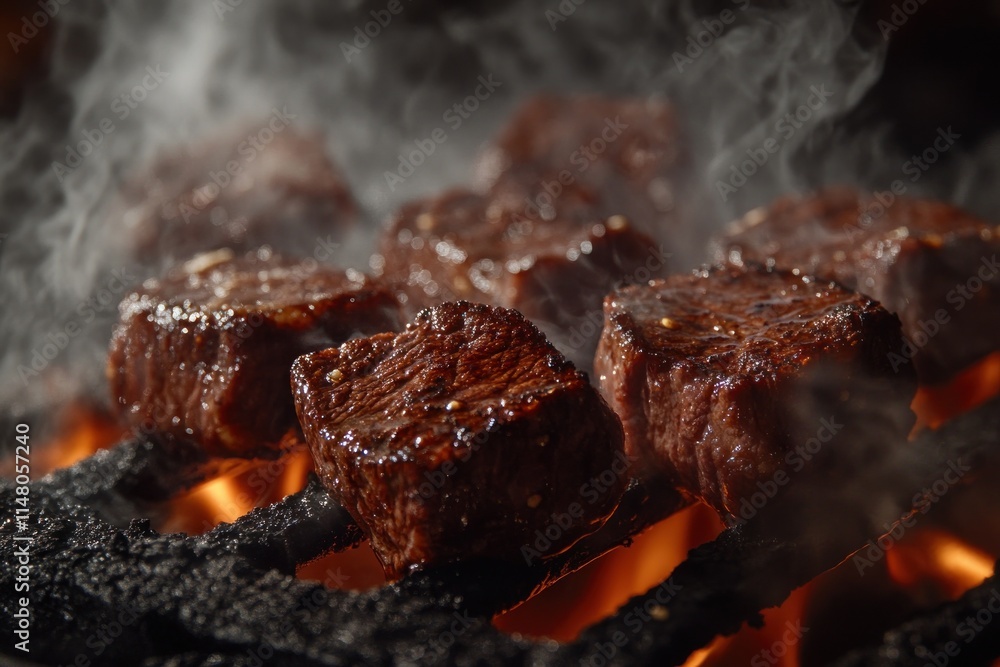 Close-up view of sizzling steak cubes on a hot charcoal grill with smoke. Close-up view of sizzling steak cubes on a hot charcoal grill with smoke.