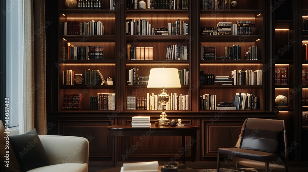 Elegant Home Library Interior with Warm Lighting and Classic Wooden Bookshelves Elegant Home Library Interior with Warm Lighting and Classic Wooden Bookshelves