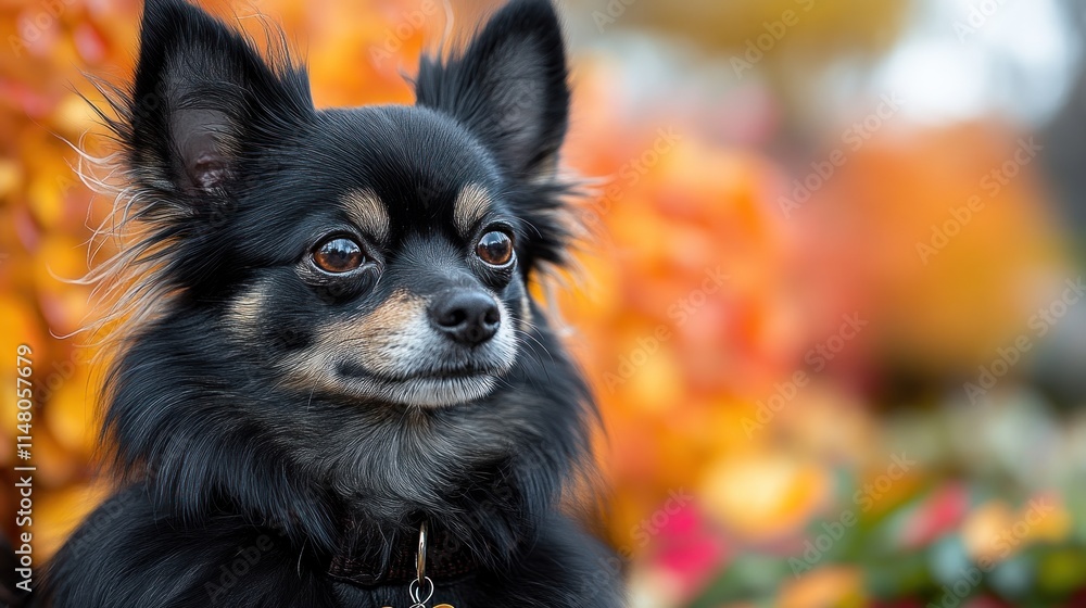 Black long-haired chihuahua dog portrait, autumn background. Black long-haired chihuahua dog portrait, autumn background.