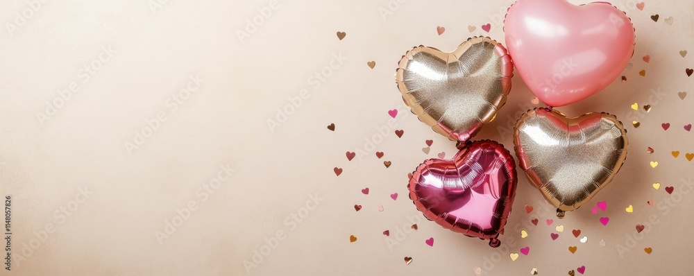 Fototapeta premium St Valentine's Day decorations concept. Top view photo of heart shaped pink silver golden balloons and shiny confetti on isolated pastel beige background with empty space