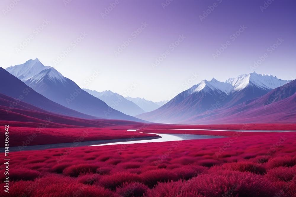Naklejka premium purple landscape with a river and mountains in the background