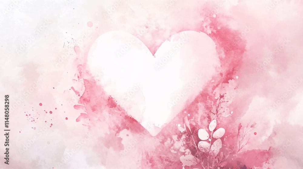 Romantic Soft Pink Heart with Watercolor Background and Floral Elements Romantic Soft Pink Heart with Watercolor Background and Floral Elements