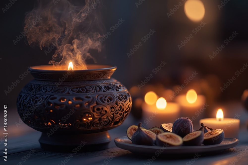 Candlelight illuminates figs and ornate burner. Candlelight illuminates figs and ornate burner.