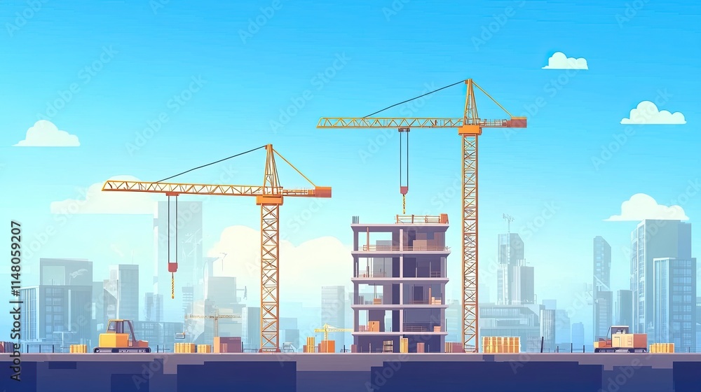Construction site with cranes building a high-rise in a city. Construction site with cranes building a high-rise in a city.