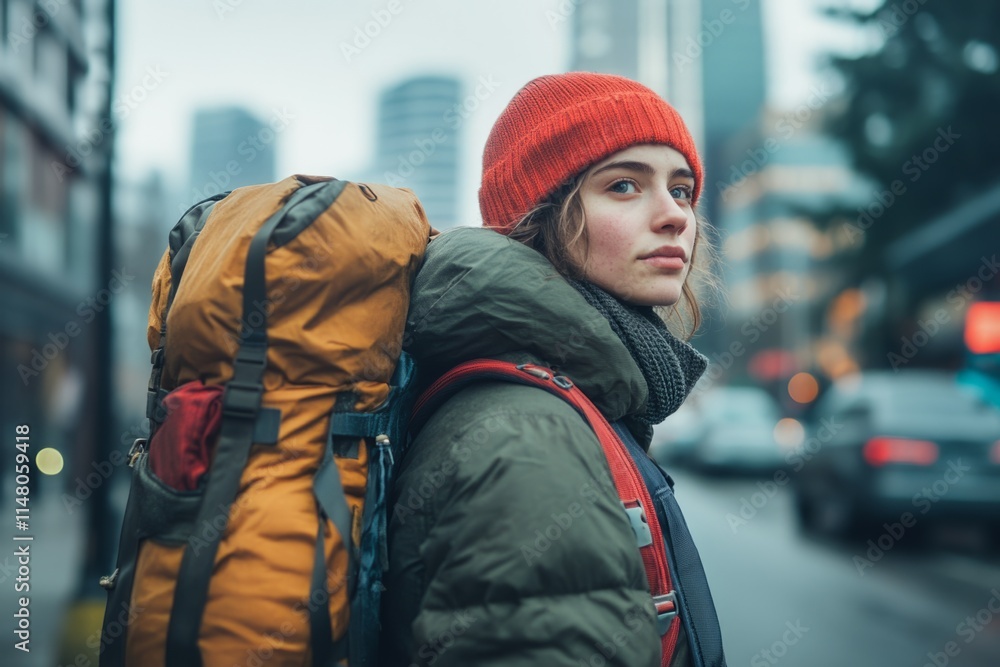 Young woman wearing warm clothing and backpack exploring city street during winter trip Young woman wearing warm clothing and backpack exploring city street during winter trip