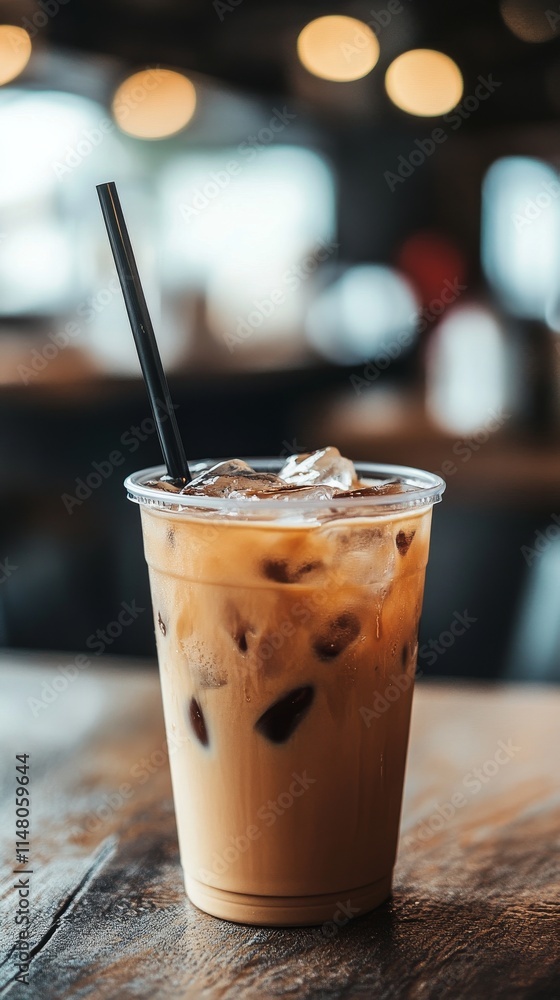 A cup of coffee with a straw in it. The straw is black. The coffee is brown A cup of coffee with a straw in it. The straw is black. The coffee is brown