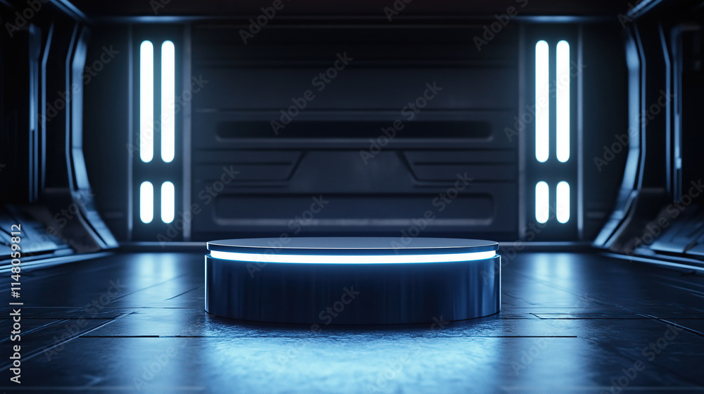 Fototapeta premium close up of empty round cylinder pedestal display or podium platform with future spaceship interior background 