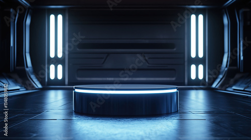Fototapeta Naklejka Na Ścianę i Meble -  close up of empty round cylinder pedestal display or podium platform with future spaceship interior background	