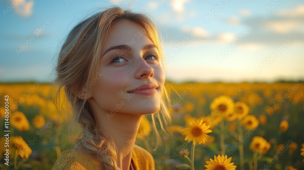 Naklejka premium Freckled blonde in sunflower field, sunset.