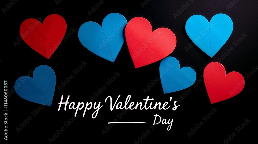 Deep ultraviolet hues, high contrast, deep shadows. Heart of red and blue paper hearts on black background, white cursive Happy Valentine's Day below, dramatic lighting - Generated by Ai Deep ultraviolet hues, high contrast, deep shadows. Heart of red and blue paper hearts on black background, white cursive Happy Valentine's Day below, dramatic lighting - Generated by Ai