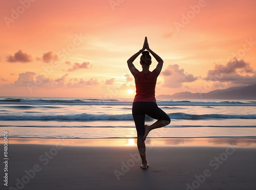 A health-conscious scene with a person practicing yoga on a tranquil beach at sunrise, highlighting balance and well-being - Generative A.i