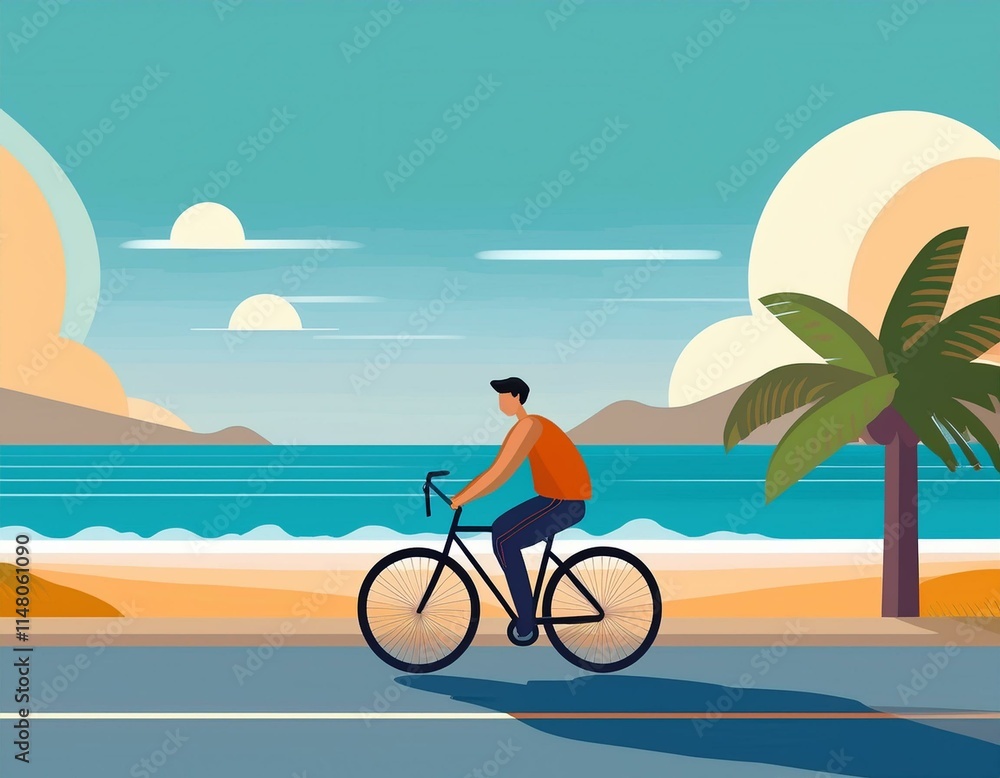 Fototapeta premium 海岸の道路を自転車で走っている人