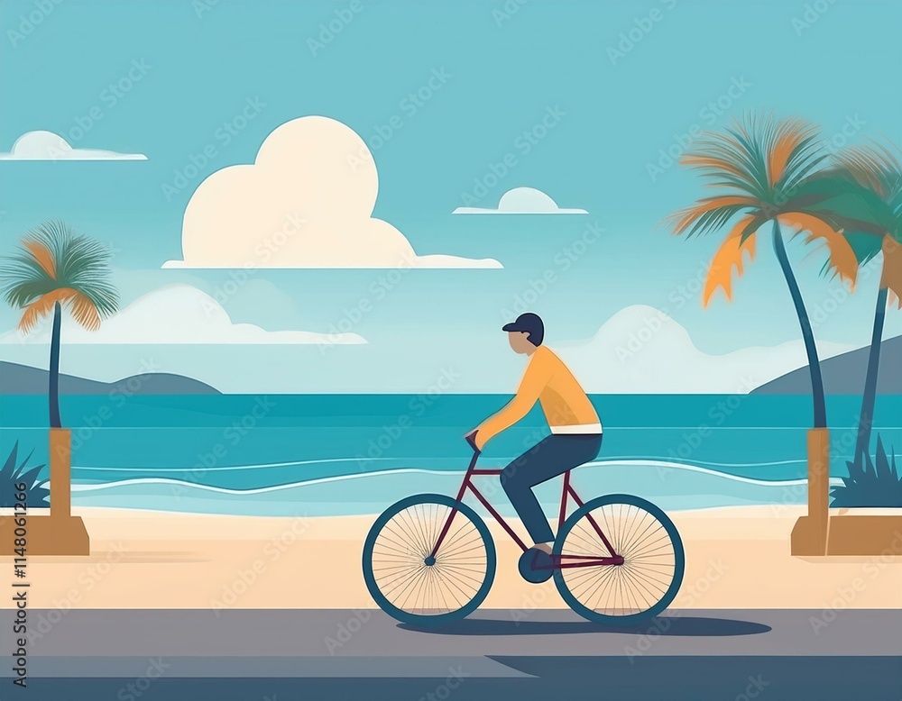 Fototapeta premium 海岸の道路を自転車で走っている人
