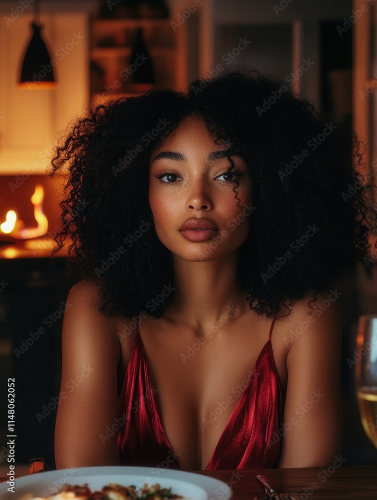 Evening dinner setting with a woman in a red dress enjoying a warm atmosphere in a cozy dining area with soft lighting and elegant decor Evening dinner setting with a woman in a red dress enjoying a warm atmosphere in a cozy dining area with soft lighting and elegant decor
