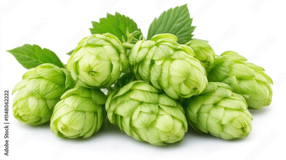 Fresh Green Hop Cones with Vibrant Green Leaves Isolated on White Background for Culinary and Brewing Uses Fresh Green Hop Cones with Vibrant Green Leaves Isolated on White Background for Culinary and Brewing Uses