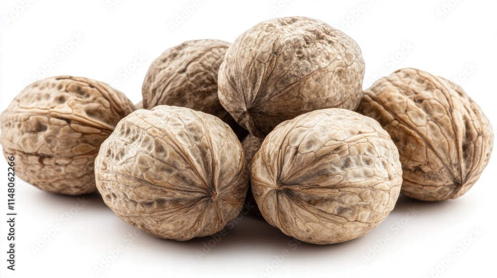 Fresh Brown Walnuts Displayed on a Clean White Surface Perfect for Healthy Snack, Cooking, and Baking Purposes in a Minimalist Rustic Style Fresh Brown Walnuts Displayed on a Clean White Surface Perfect for Healthy Snack, Cooking, and Baking Purposes in a Minimalist Rustic Style