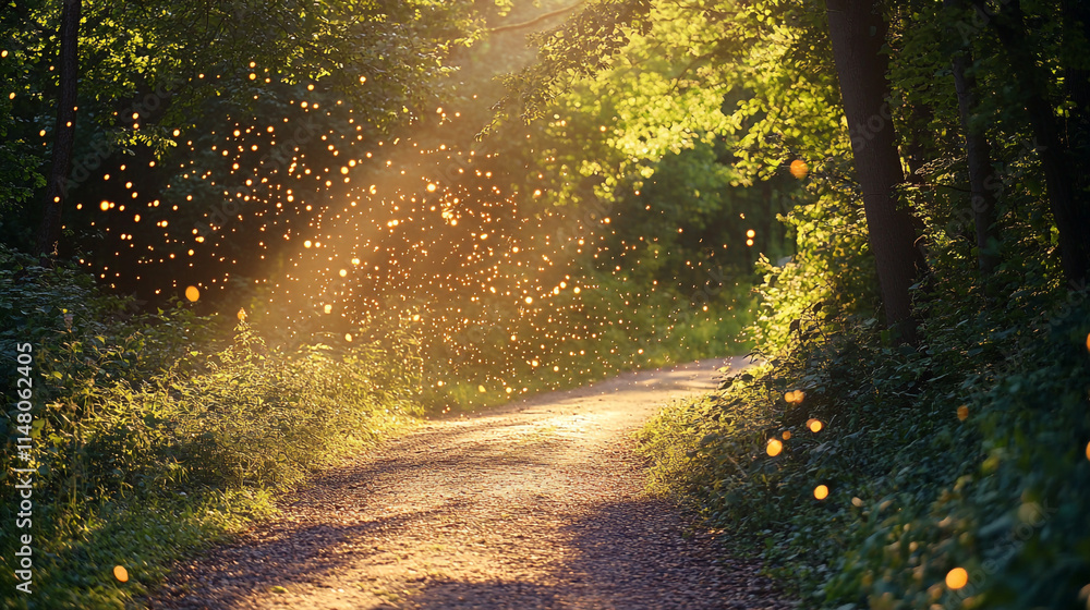 Fototapeta premium Magical light filtering through trees on a forest path during golden hour. 