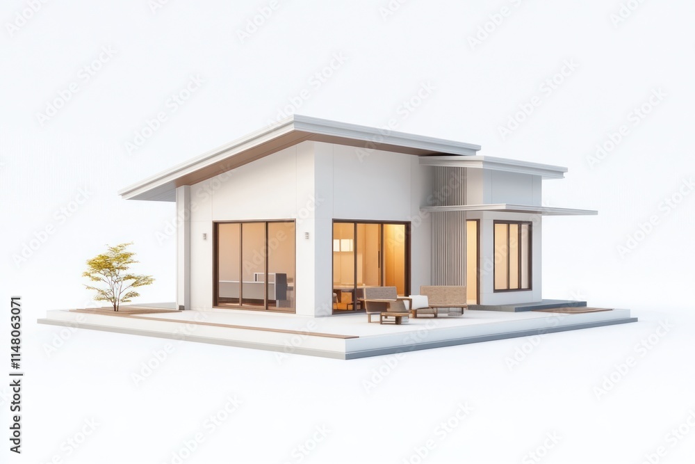 Modern white house exterior with furniture, and small tree, isolated. Modern white house exterior with furniture, and small tree, isolated.