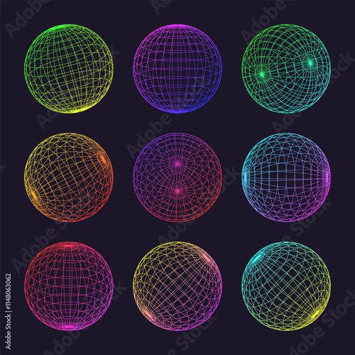 Neon wireframe shapes, lined sphere. Perspective mesh, 3d grid. Low poly geometric elements. Retro futuristic design elements, y2k, vaporwave and synthwave style. Vector illustration