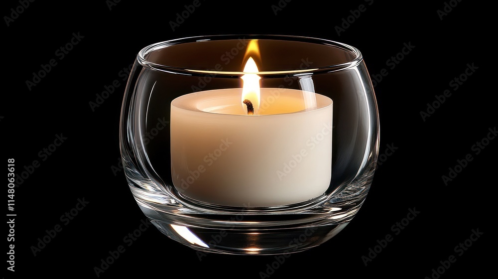 Single lit white candle in a clear glass holder on a black background. Single lit white candle in a clear glass holder on a black background.