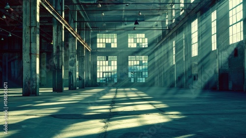 Empty warehouse with dramatic lighting and shadows
