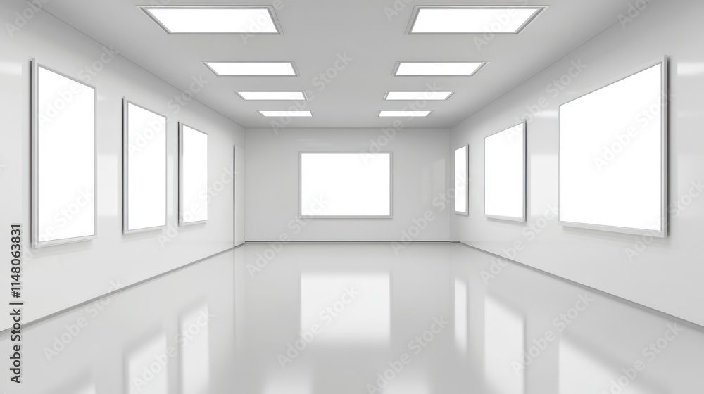Fototapeta premium Empty white room with blank frames and bright lighting, reflecting floor.