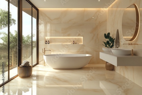 Luxurious and spacious bathroom featuring large marble tiles, a freestanding bathtub, and modern fixtures, creating a serene and elegant atmosphere