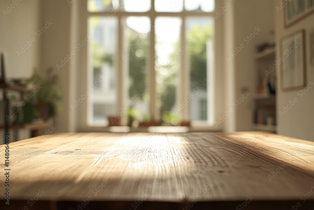 Wood table, blurred window, sunlight. Wood table, blurred window, sunlight.