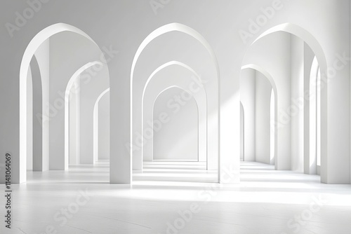 A large, empty room with white walls and arched windows. The room is very large and has a lot of space