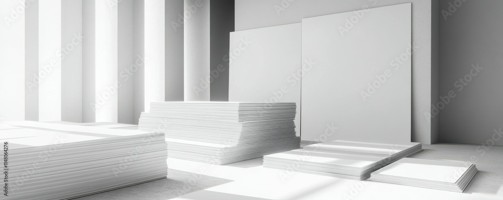 Obraz premium Stacks of white paper in a minimalist setting are perfect for mockups
