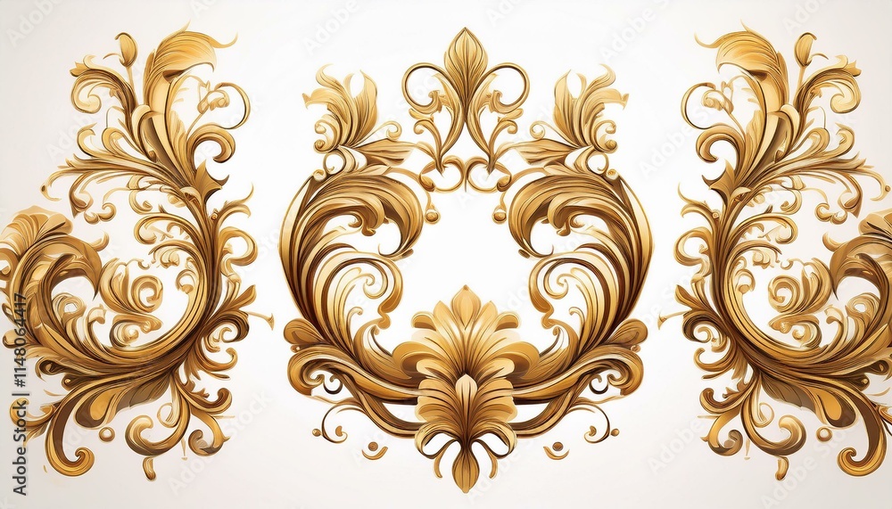 Gold ornament. Set of golden baroque floral ornaments with intricate details, isolated on white background Gold ornament. Set of golden baroque floral ornaments with intricate details, isolated on white background