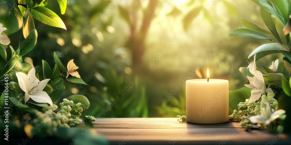 A peaceful garden scene featuring a lit candle surrounded by lush greenery and blooming flowers, bathed in warm sunlight. A peaceful garden scene featuring a lit candle surrounded by lush greenery and blooming flowers, bathed in warm sunlight.