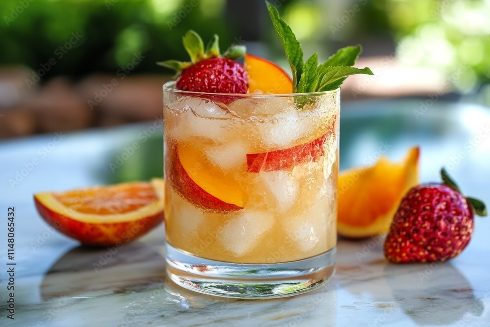 Peach and strawberry cocktail garnished with mint and ice, perfect for a hot summer day Peach and strawberry cocktail garnished with mint and ice, perfect for a hot summer day