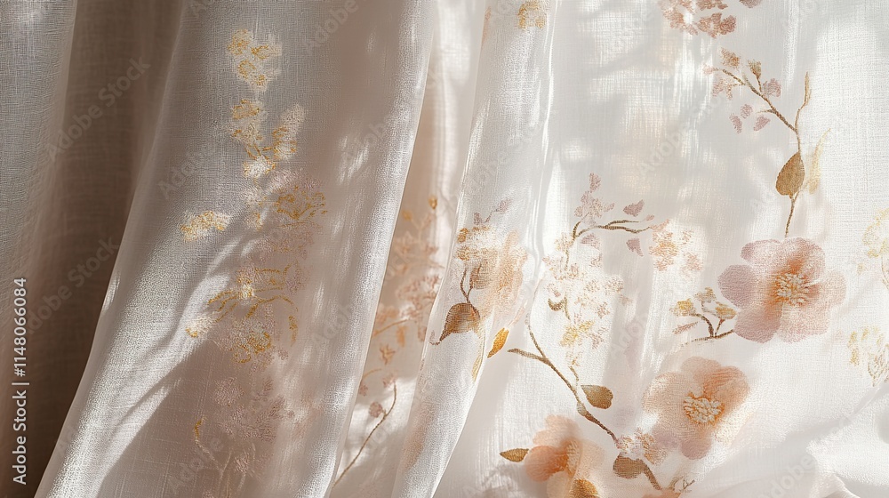 Sheer floral curtains with sunlight casting shadows on delicate fabric. Sheer floral curtains with sunlight casting shadows on delicate fabric.