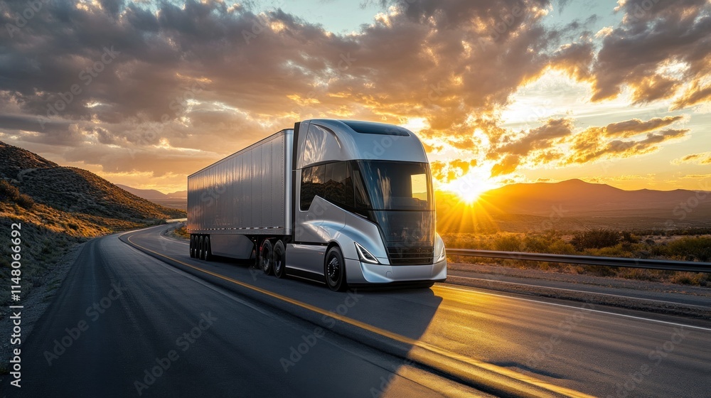 A silver truck drives on road with sunset. A silver truck drives on road with sunset.