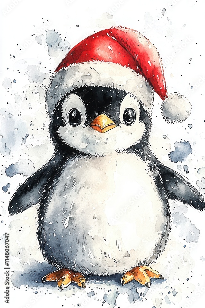 Cute penguin wearing a red Santa hat celebrates the holiday season in a snowy winter wonderland with festive cheer and joy all around Cute penguin wearing a red Santa hat celebrates the holiday season in a snowy winter wonderland with festive cheer and joy all around