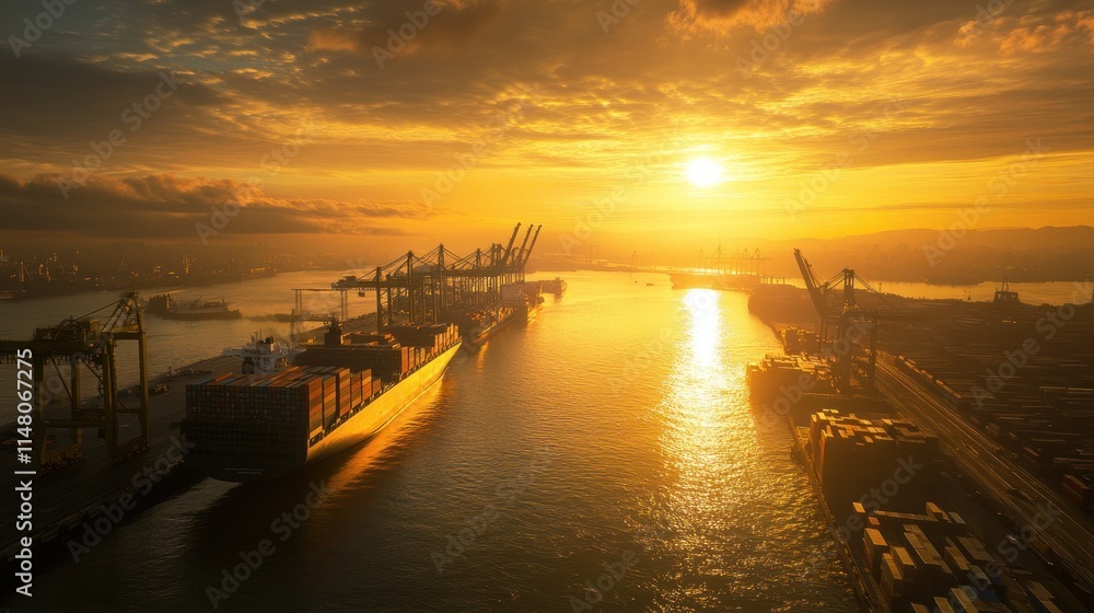 Container ships dock at port during sunset. Container ships dock at port during sunset.