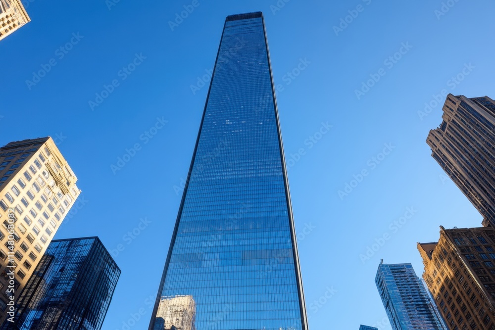Naklejka premium A sharp futuristic skyscraper reaching new heights urban landscape architectural photography clear skies low angle view modern design concepts