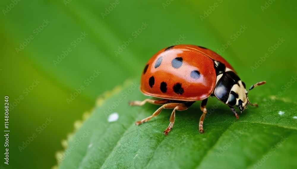 Close-up of a ladybug on a vibrant green leaf. Close-up of a ladybug on a vibrant green leaf.