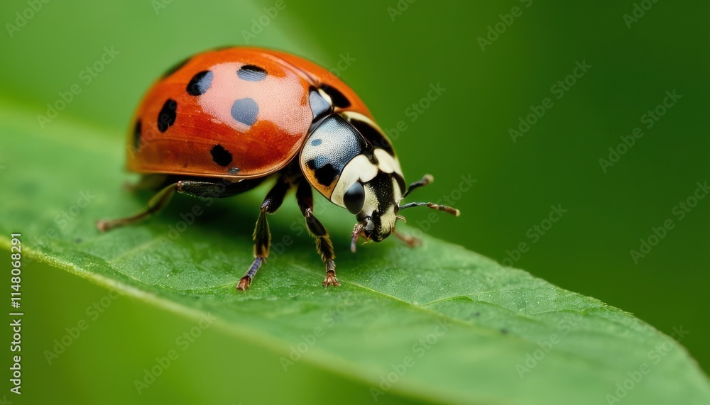 Close-up of a ladybug on a vibrant green leaf. Close-up of a ladybug on a vibrant green leaf.