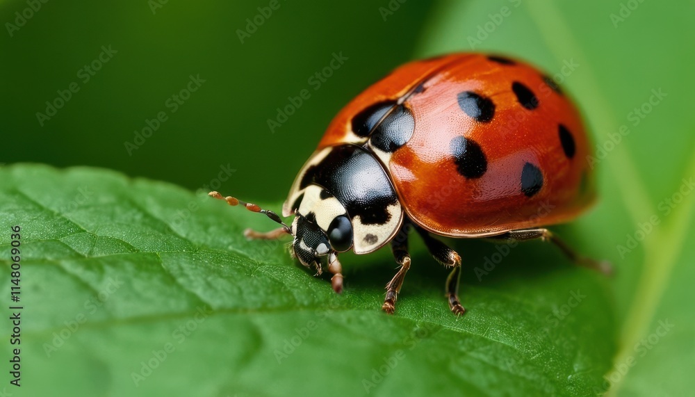 Close-up of a ladybug on a vibrant green leaf. Close-up of a ladybug on a vibrant green leaf.