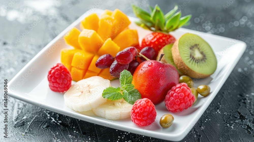 Exotic fruit arrangement on a glossy white plate Exotic fruit arrangement on a glossy white plate