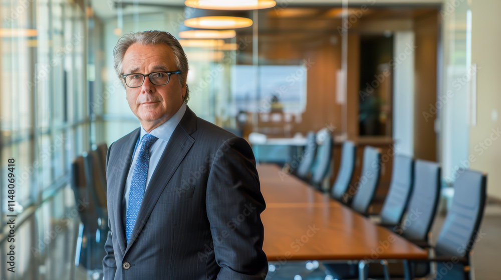 Fototapeta premium a middle-aged man stands in a conference room with a long table and several chairs in the background He is wearing a dark suit, a blue tie, and glasses. His expression is serious and professional 01