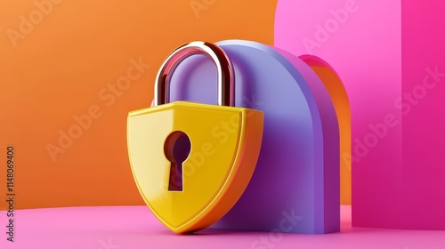 Yellow Padlock Security Shield on Colorful Abstract Background photo