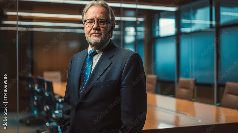 Fototapeta premium a middle-aged man stands in a conference room with a long table and several chairs in the background He is wearing a dark suit, a blue tie, and glasses. His expression is serious and professional 01