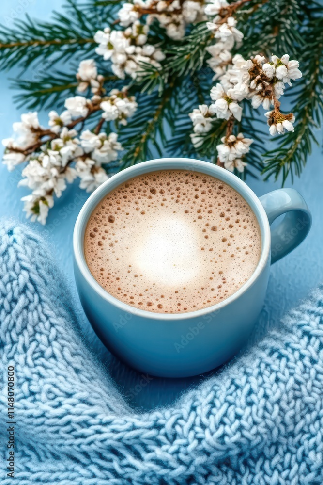 Warm Coffee Cup with Floral Arrangement on Blue Background Warm Coffee Cup with Floral Arrangement on Blue Background